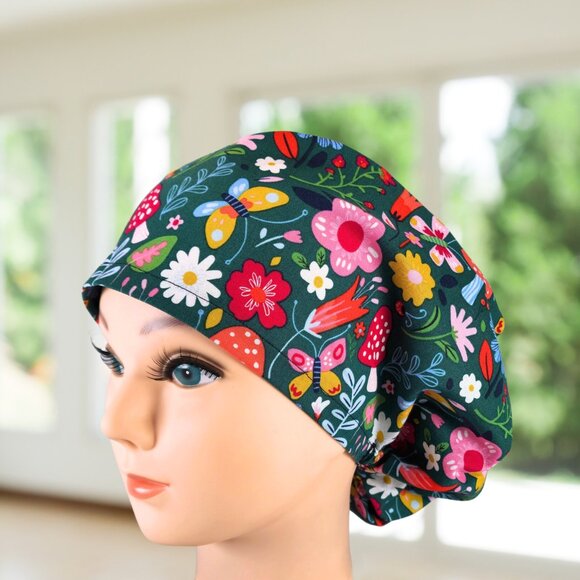 PREMIUM Euro Style Scrub Cap Mushroom Floral~ Scrub Cap, Unisex Nurse Cap, Scrub - Picture 4 of 5